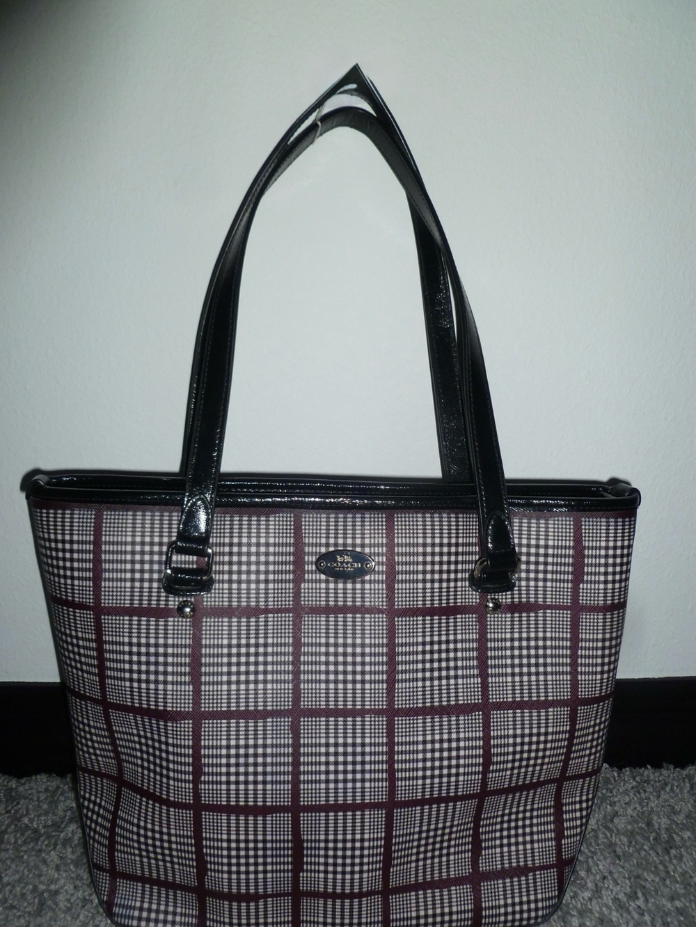 Coach Plaid Tote in Burgundy and Black Patent